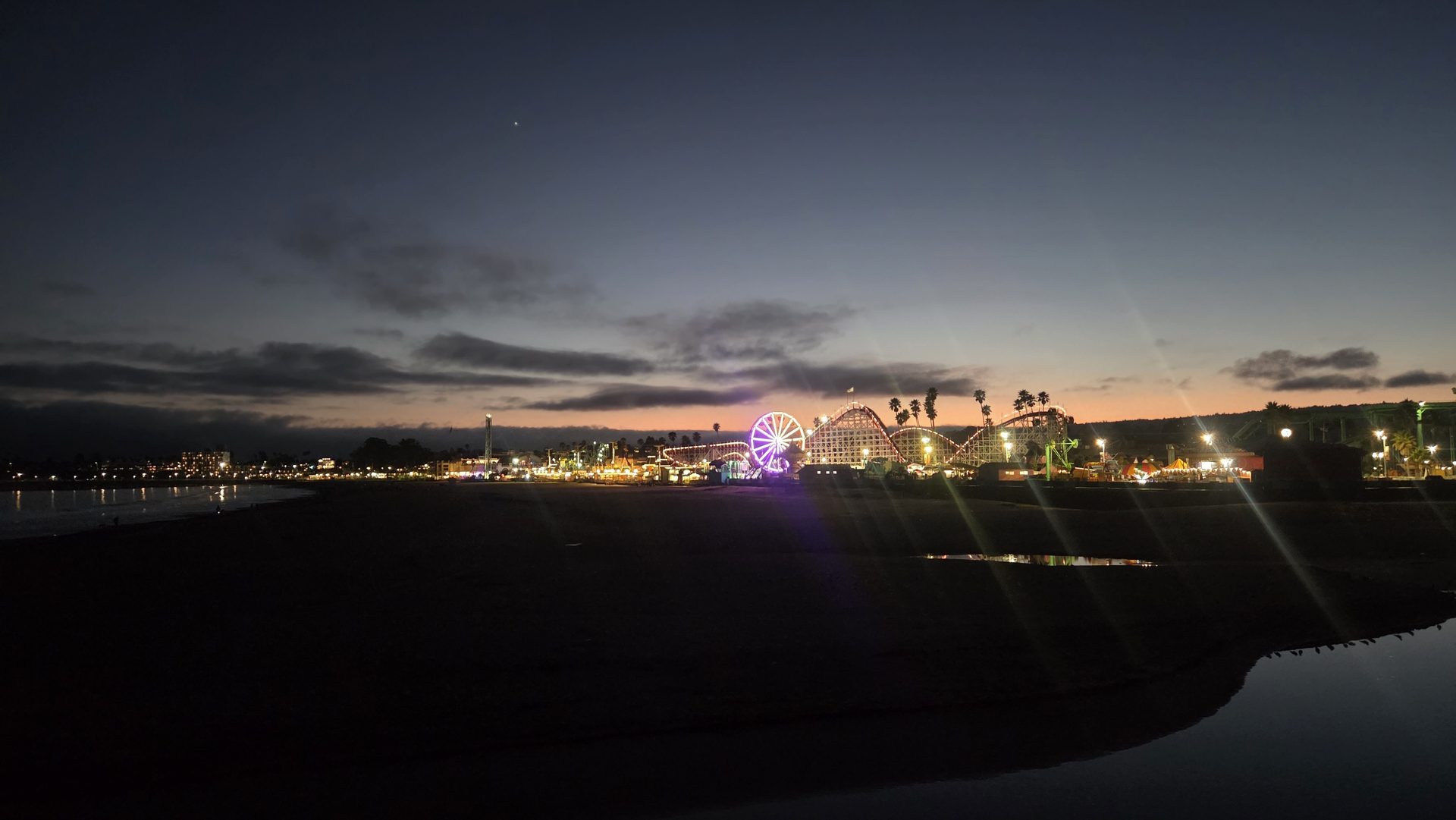 The wheel, lit up after dark