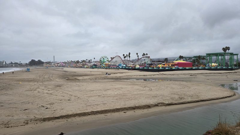Grey sky over the boardwalk rides